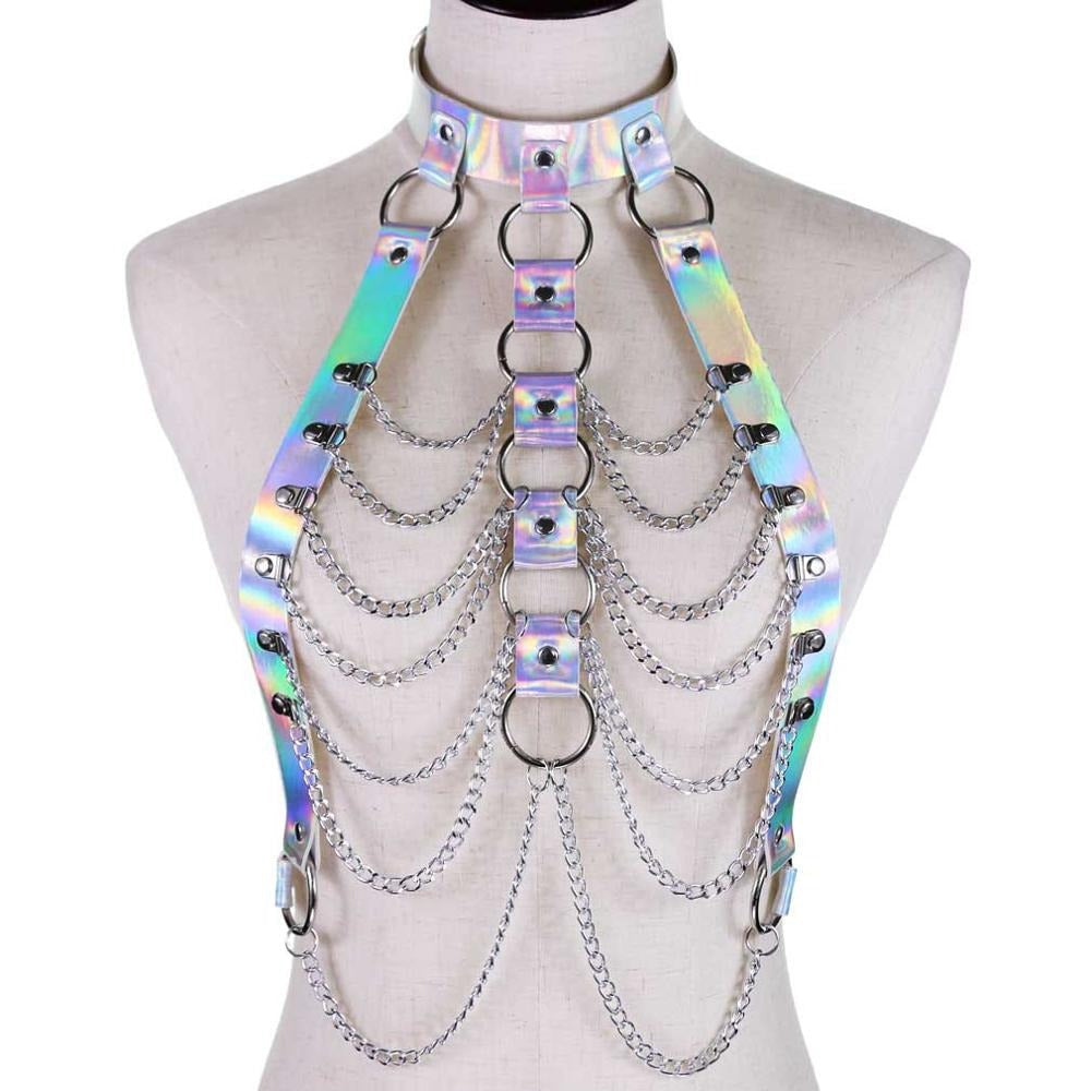 Holographic Chain Body Harness / Body Chain Bra Top Bondage / Festival Rave Outfit for Women