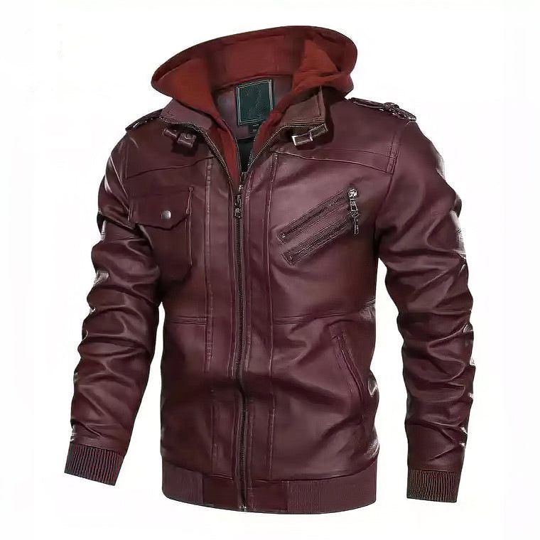 Hooded Leather Jackets / Men Casual Coat / Motorcycle Jackets