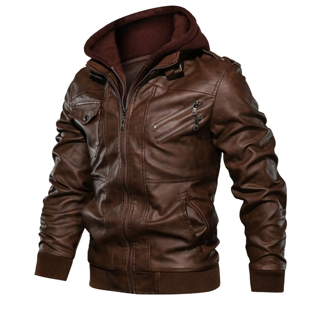 Hooded Leather Jackets / Men Casual Coat / Motorcycle Jackets