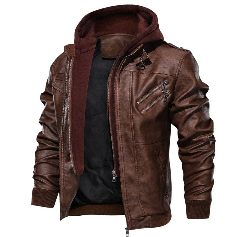 Hooded Leather Jackets / Men Casual Coat / Motorcycle Jackets