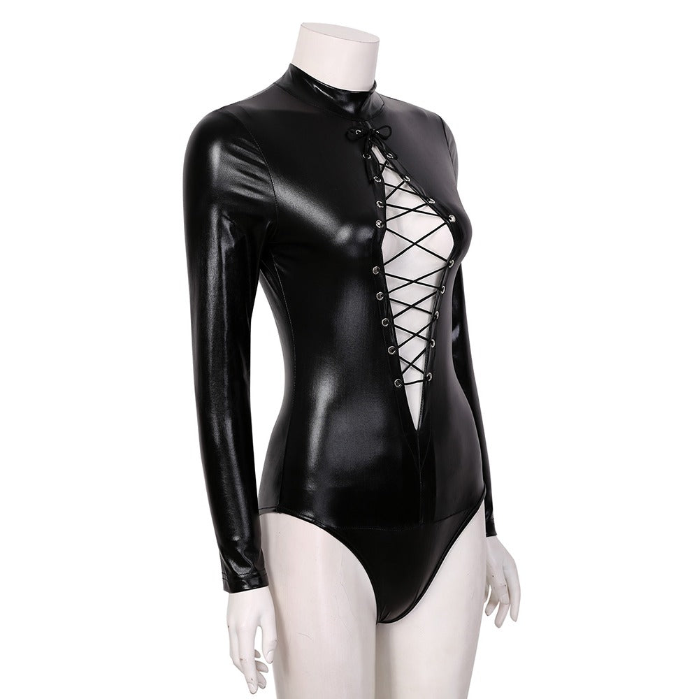 Hot Erotic Women's Bodysuit / Sexy PU Leather Babydoll Mini Dress / Female Black Jumpsuit