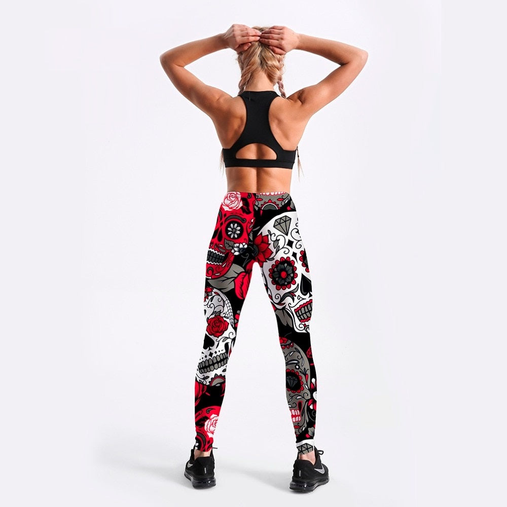 Hot Women's Printed Leggings / Skull & Flower Print Pants / Stretch Trousers