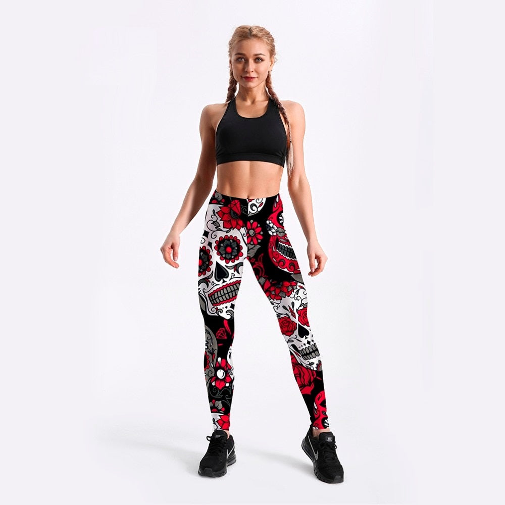Hot Women's Printed Leggings / Skull & Flower Print Pants / Stretch Trousers