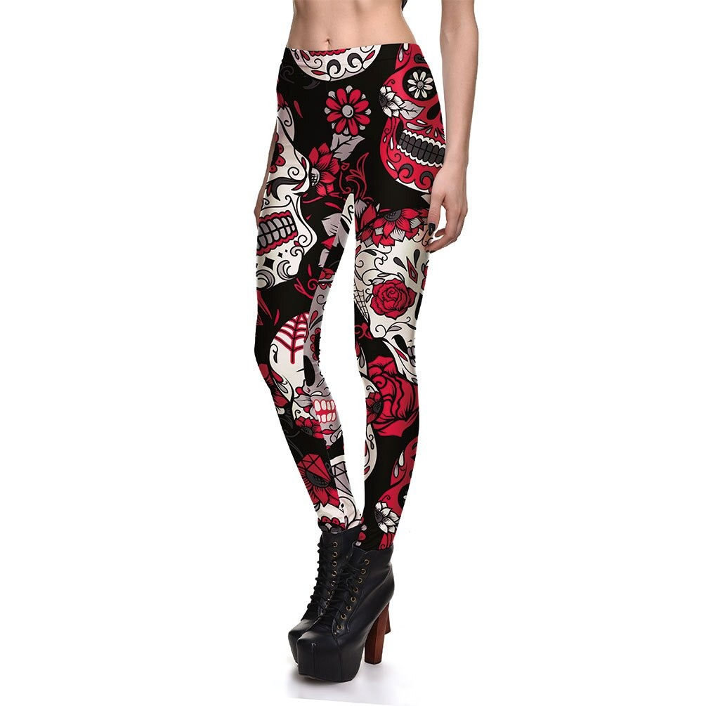 Hot Women's Printed Leggings / Skull & Flower Print Pants / Stretch Trousers