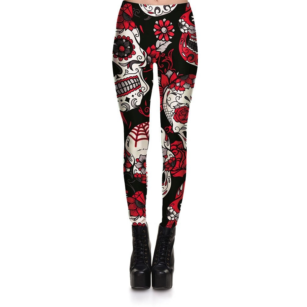 Hot Women's Printed Leggings / Skull & Flower Print Pants / Stretch Trousers
