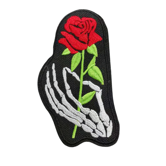 Iron-On Patch Of Skeleton Hand With Rose For Clothing / Gothic Stylish Embroidery Patch