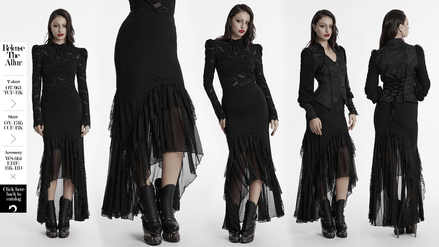 Knitted Asymmetrical Goth Skirt with Chiffon Lace