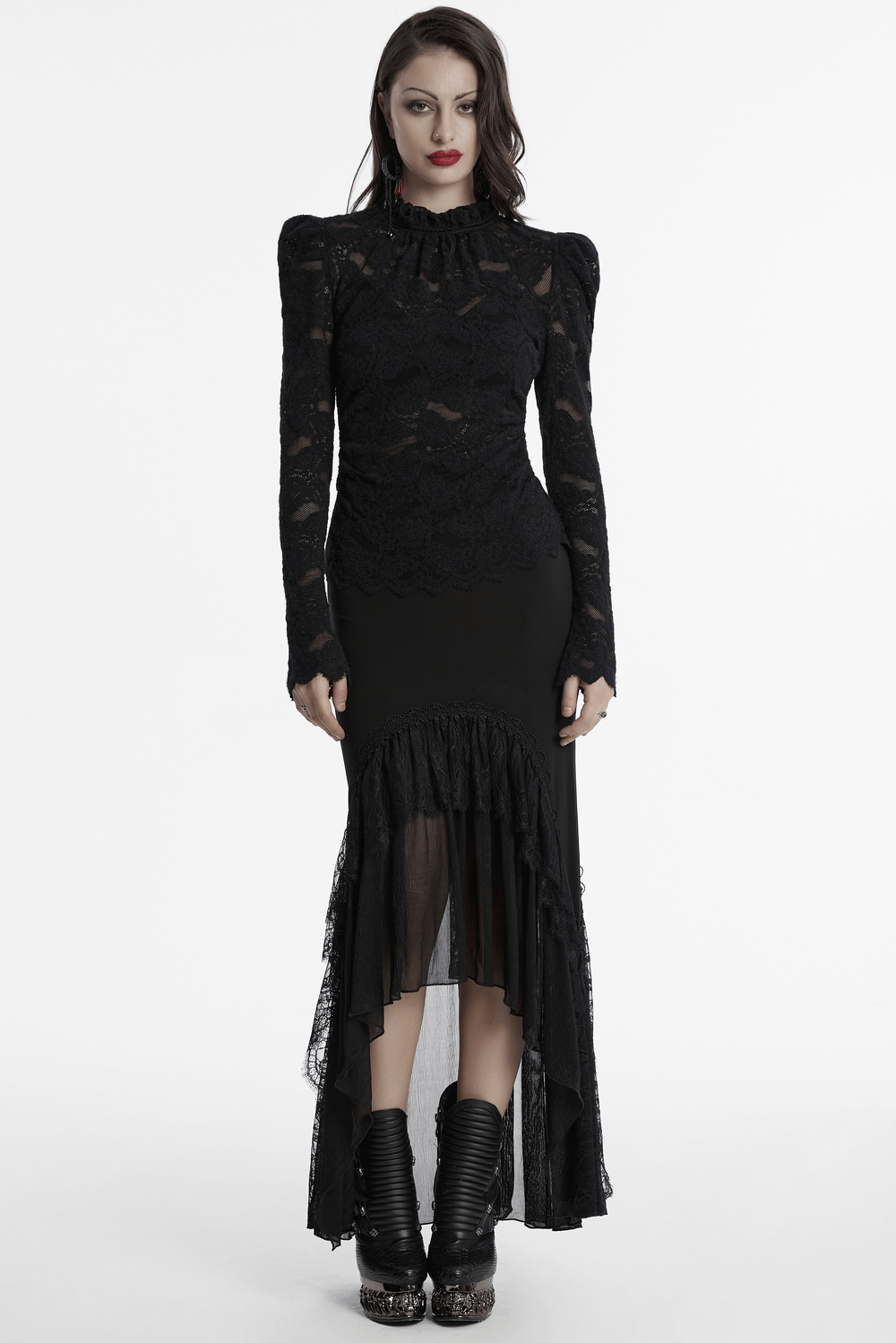 Knitted Asymmetrical Goth Skirt with Chiffon Lace