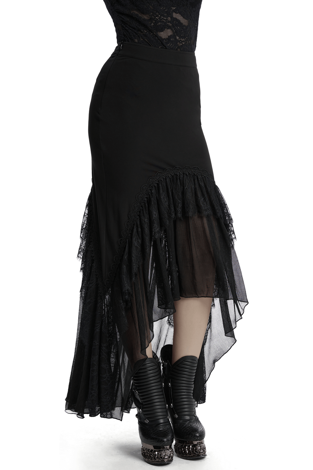 Knitted Asymmetrical Goth Skirt with Chiffon Lace