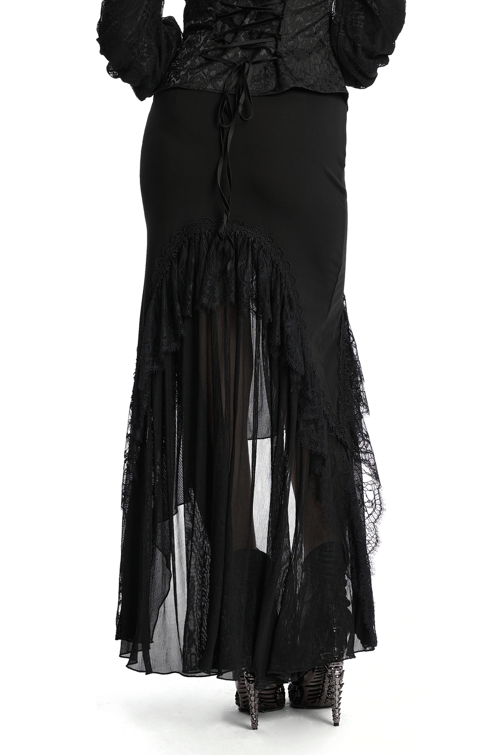 Knitted Asymmetrical Goth Skirt with Chiffon Lace