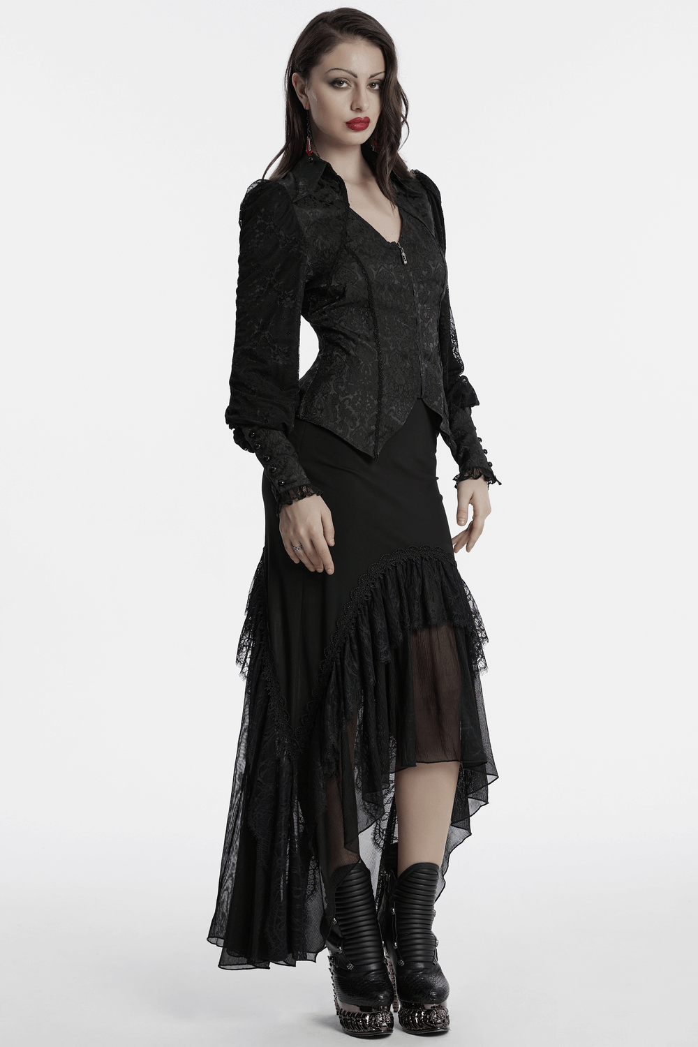 Knitted Asymmetrical Goth Skirt with Chiffon Lace