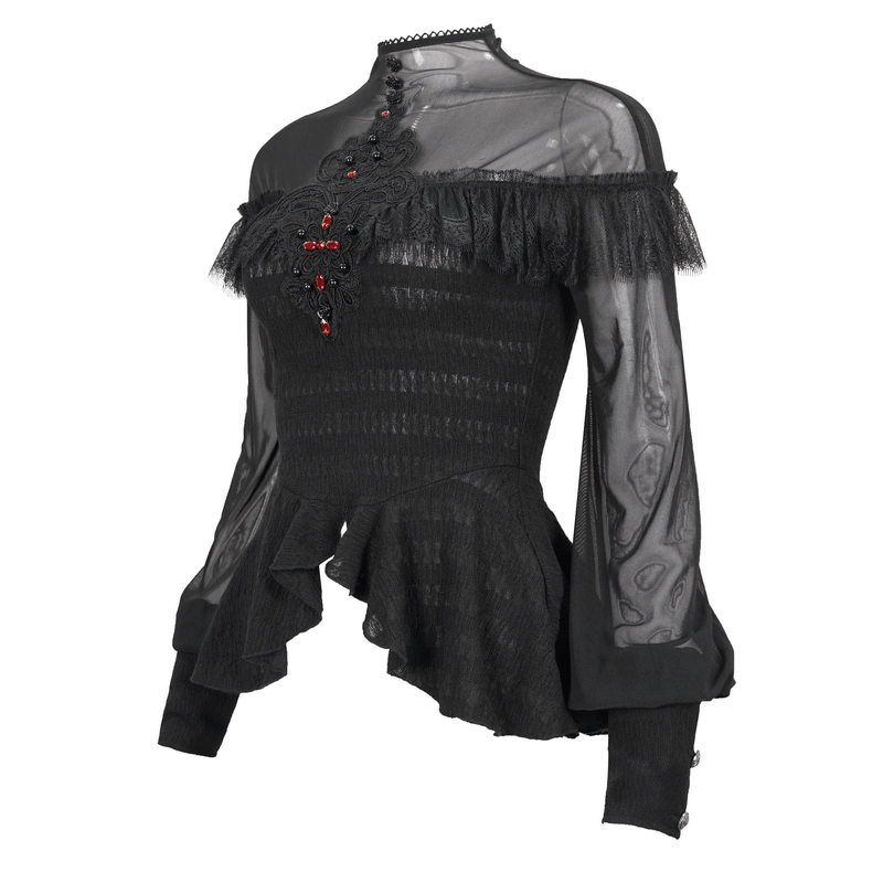 Lace Applique Beading Shirt for Women / Gothic Long Transparent Sleeve Blouse