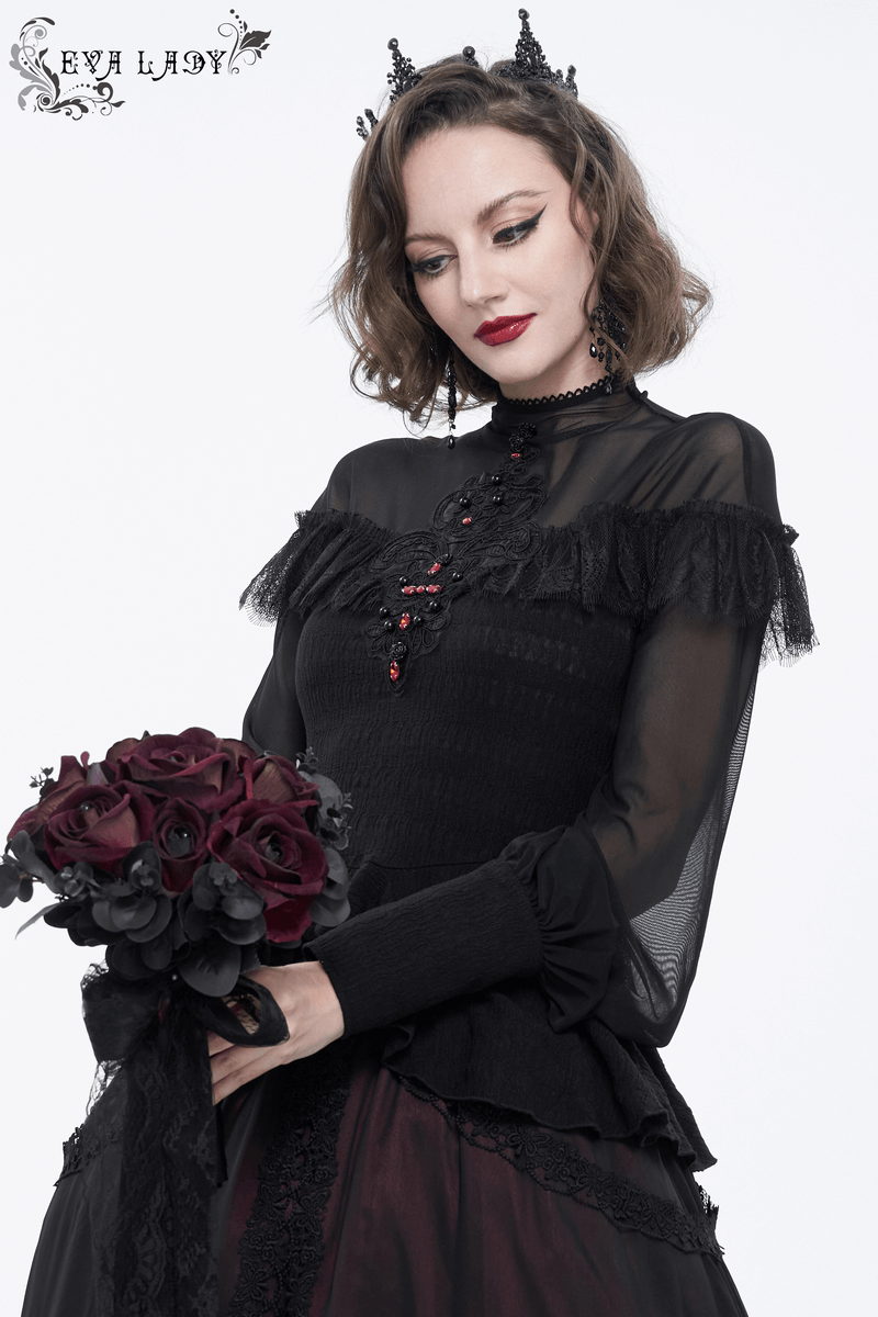 Lace Applique Beading Shirt for Women / Gothic Long Transparent Sleeve Blouse