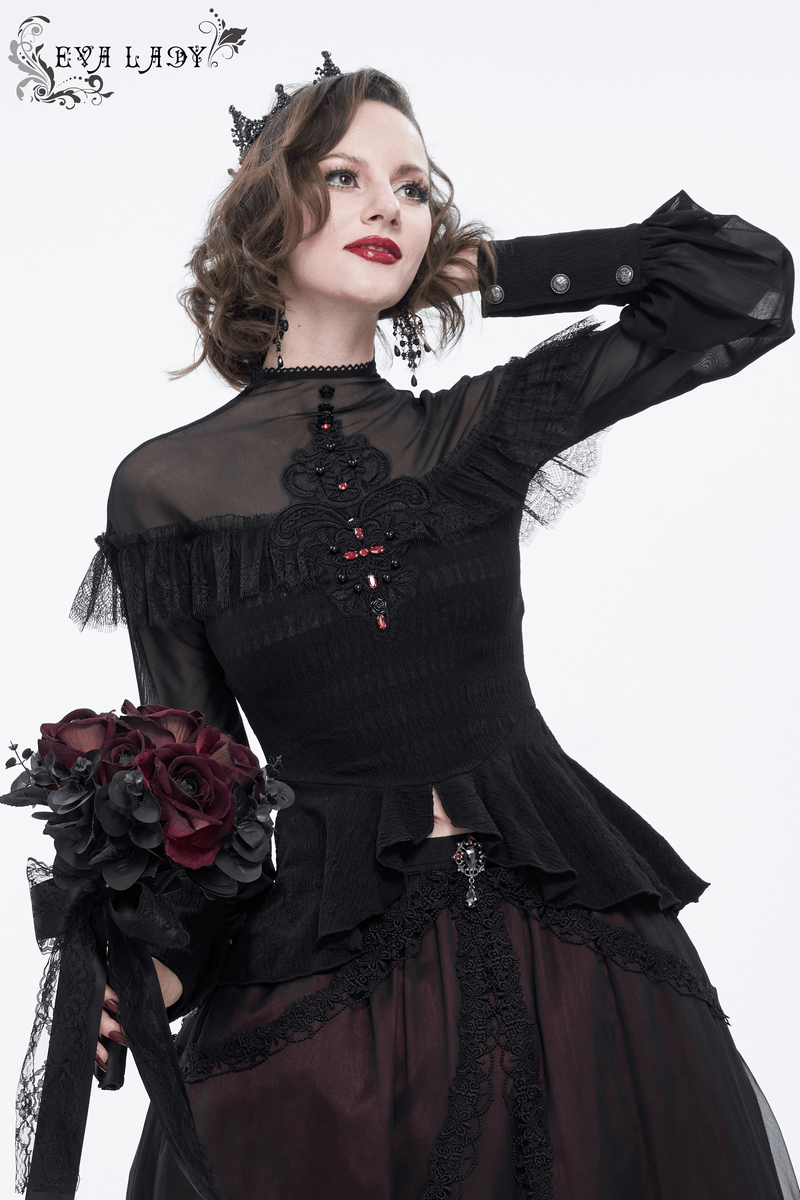 Lace Applique Beading Shirt for Women / Gothic Long Transparent Sleeve Blouse