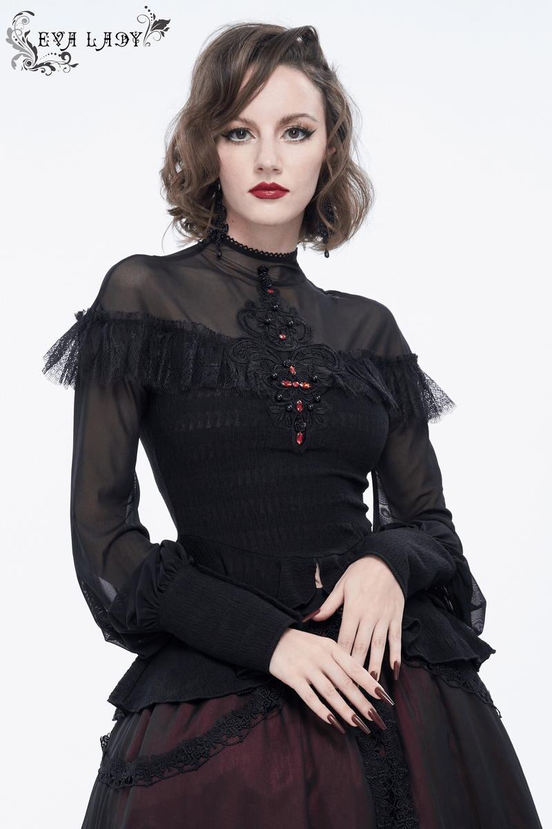 Lace Applique Beading Shirt for Women / Gothic Long Transparent Sleeve Blouse