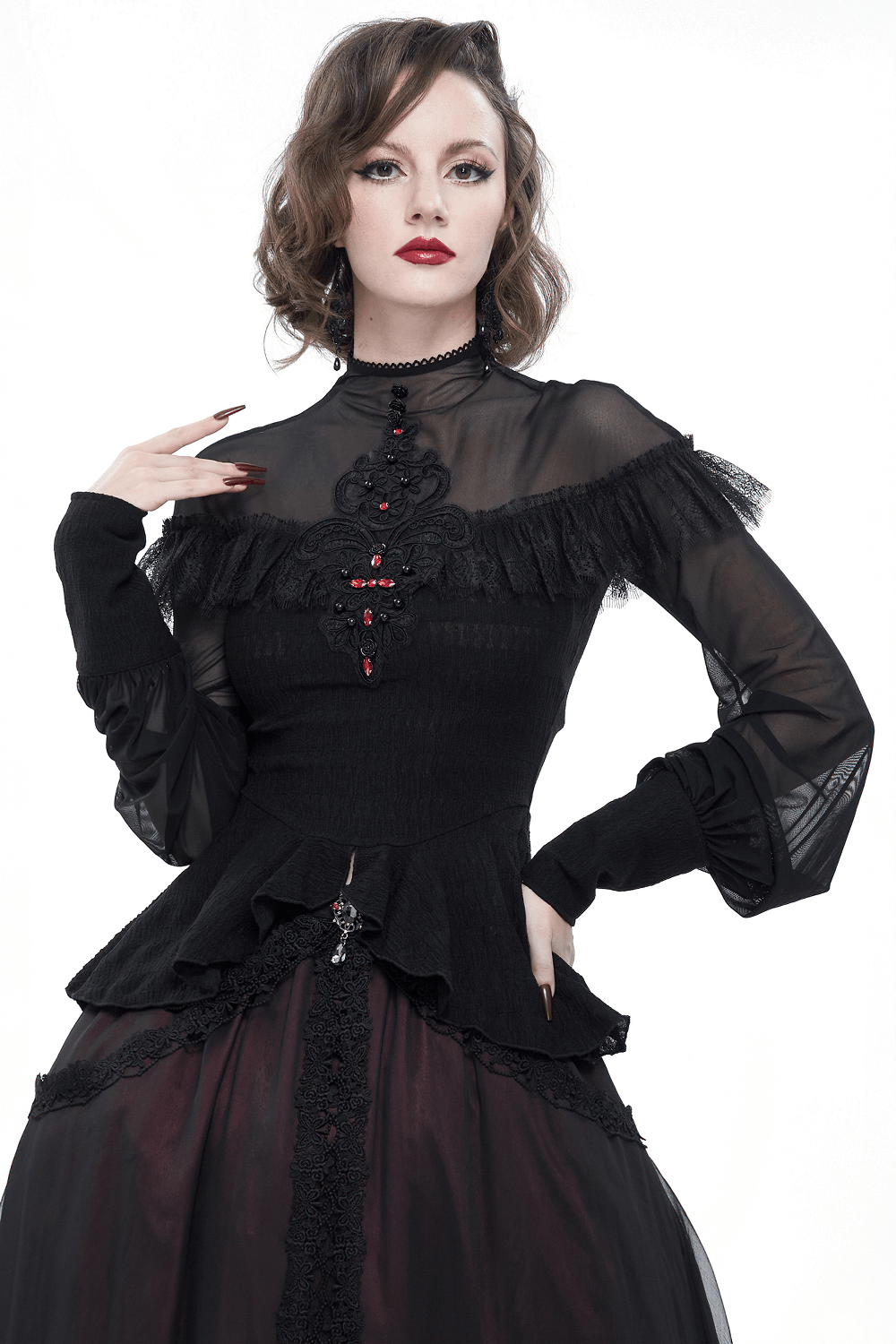 Lace Applique Beading Shirt for Women / Gothic Long Transparent Sleeve Blouse