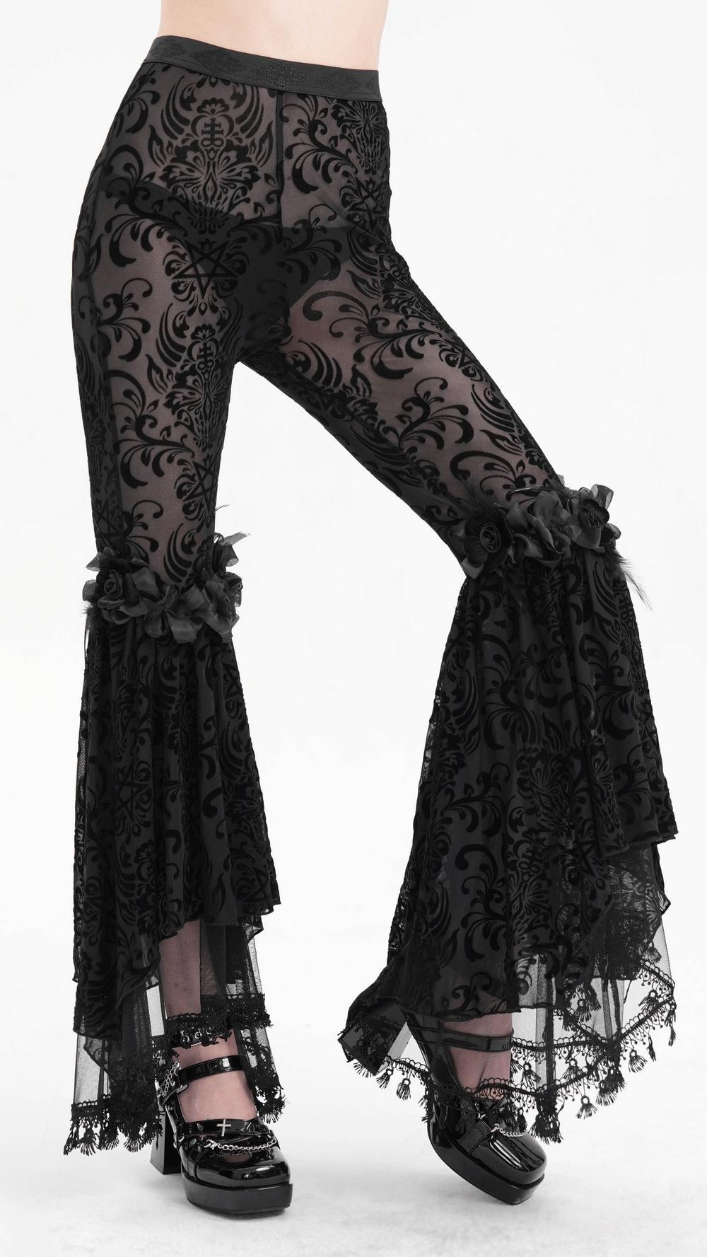 Lace Flare Pants with Velvet Pattern and Gothic Details