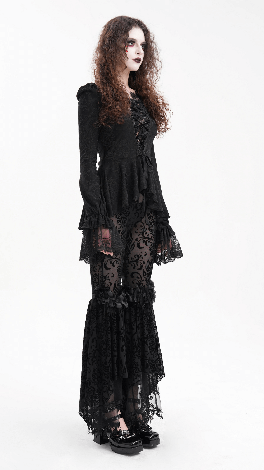 Lace Flare Pants with Velvet Pattern and Gothic Details