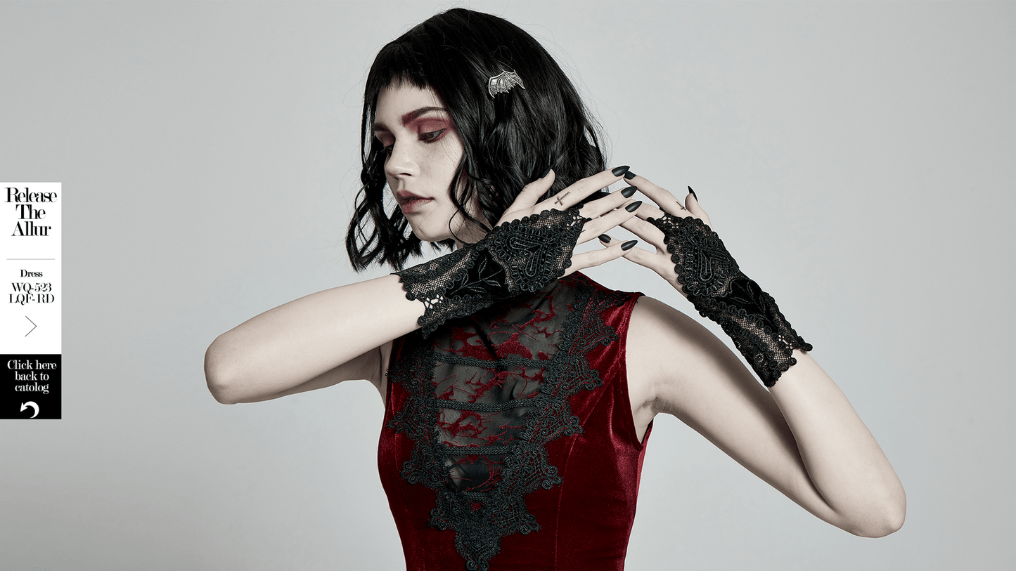 Lace Floral Gothic Gloves with Heart Decal Detail