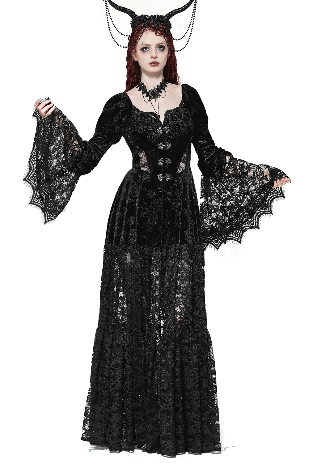 Lace Gothic Evening Long  Cape with Floral Accents