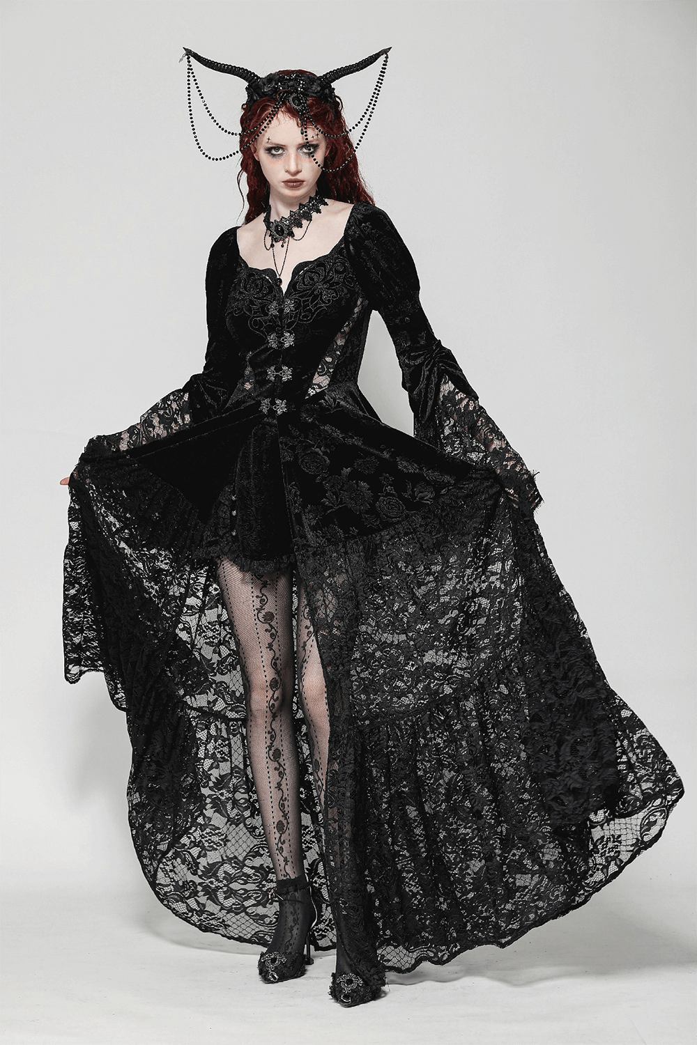 Lace Gothic Evening Long  Cape with Floral Accents