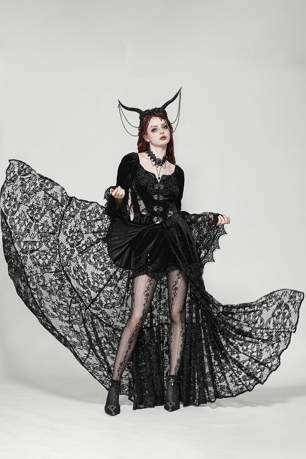 Lace Gothic Evening Long  Cape with Floral Accents
