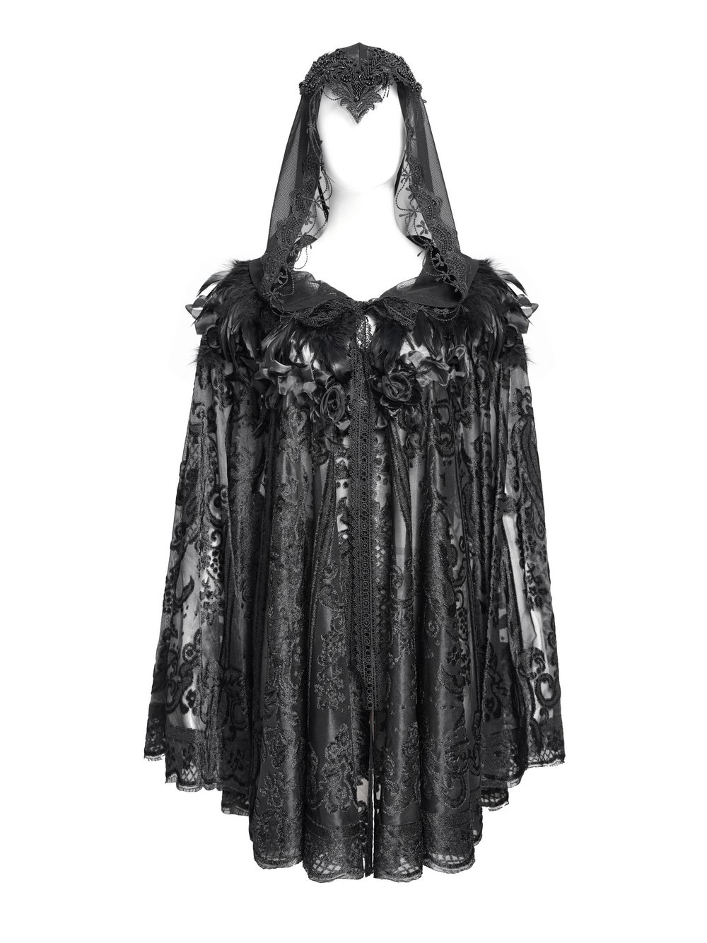 Lace Gothic Hooded Cape with Roses and Feather Detailing