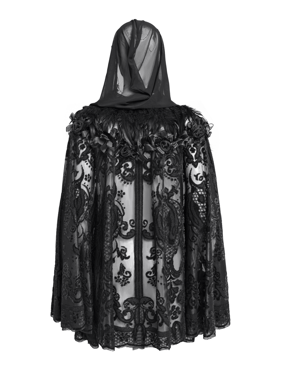 Lace Gothic Hooded Cape with Roses and Feather Detailing