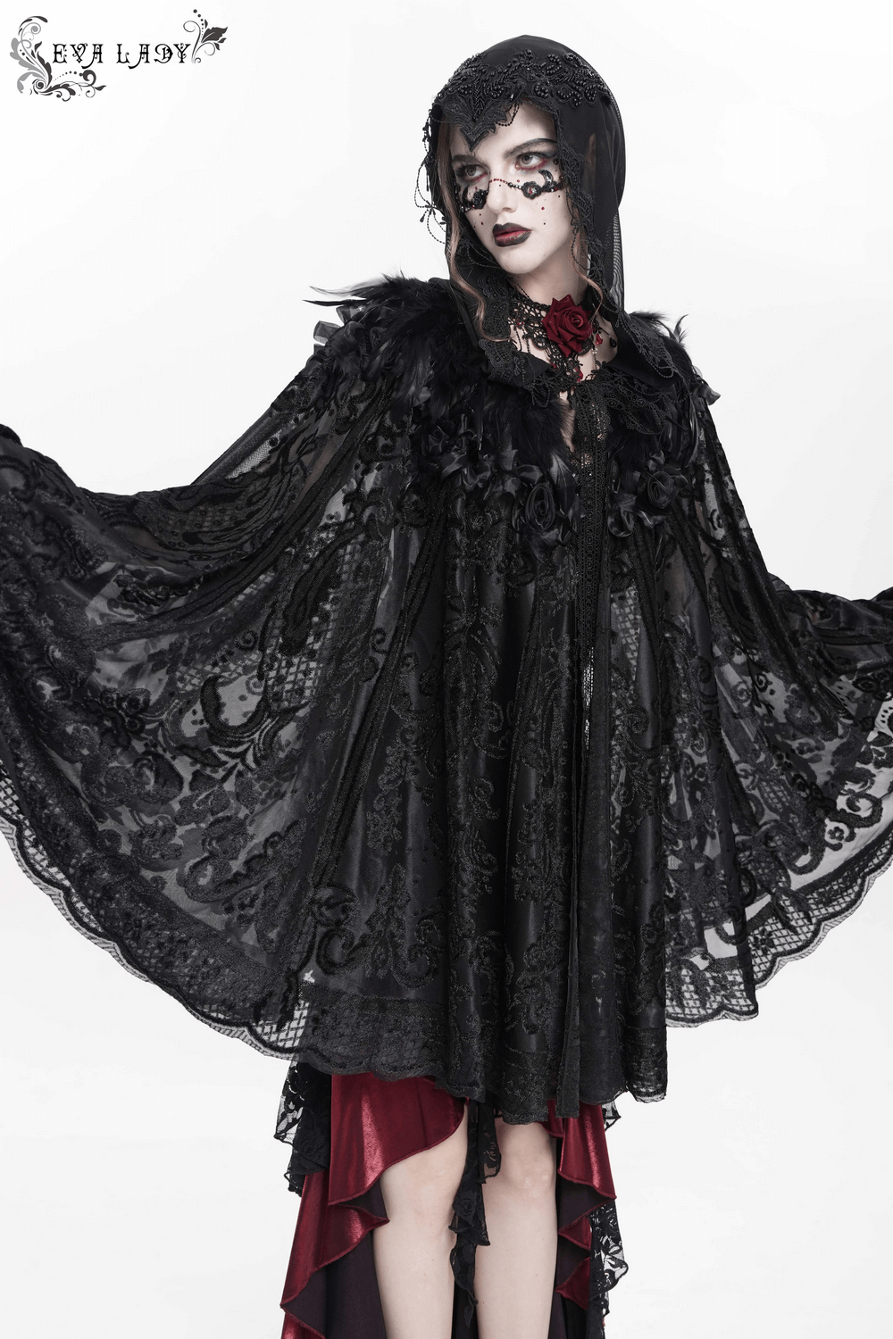 Lace Gothic Hooded Cape with Roses and Feather Detailing