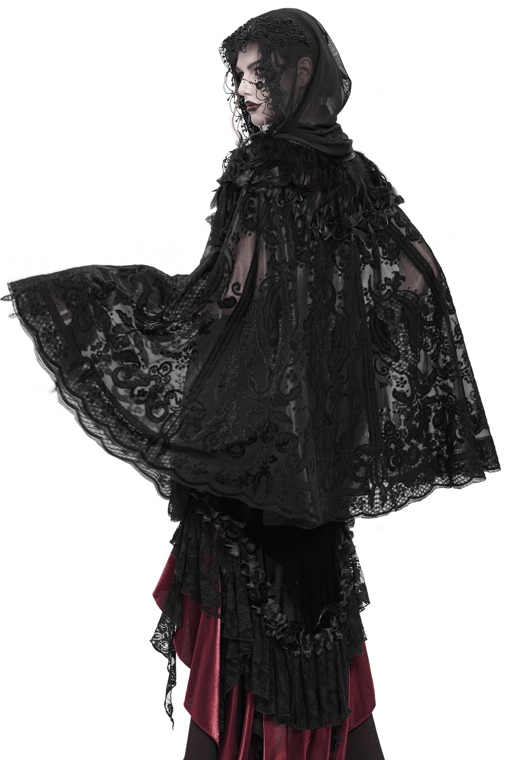 Lace Gothic Hooded Cape with Roses and Feather Detailing