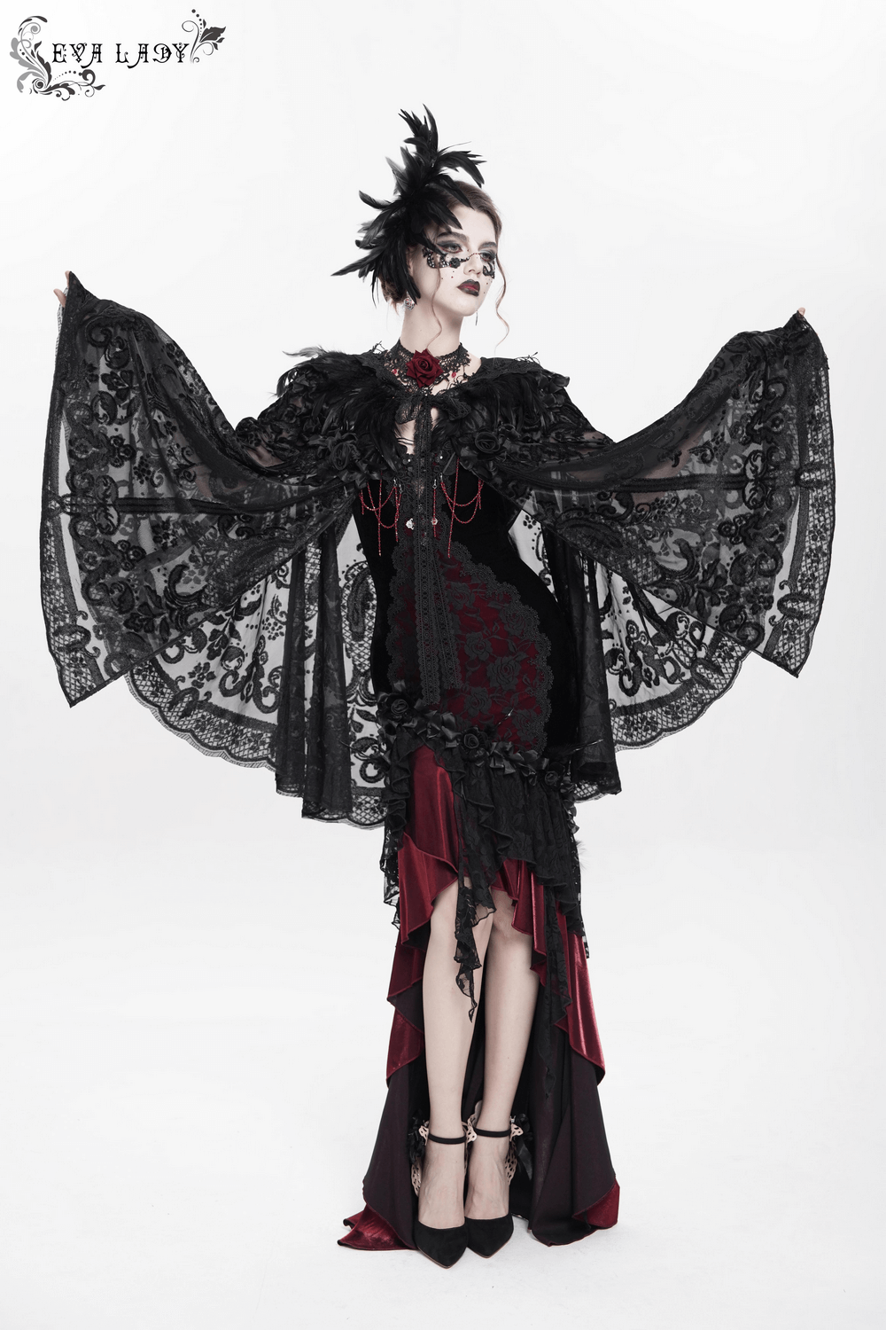 Lace Gothic Hooded Cape with Roses and Feather Detailing