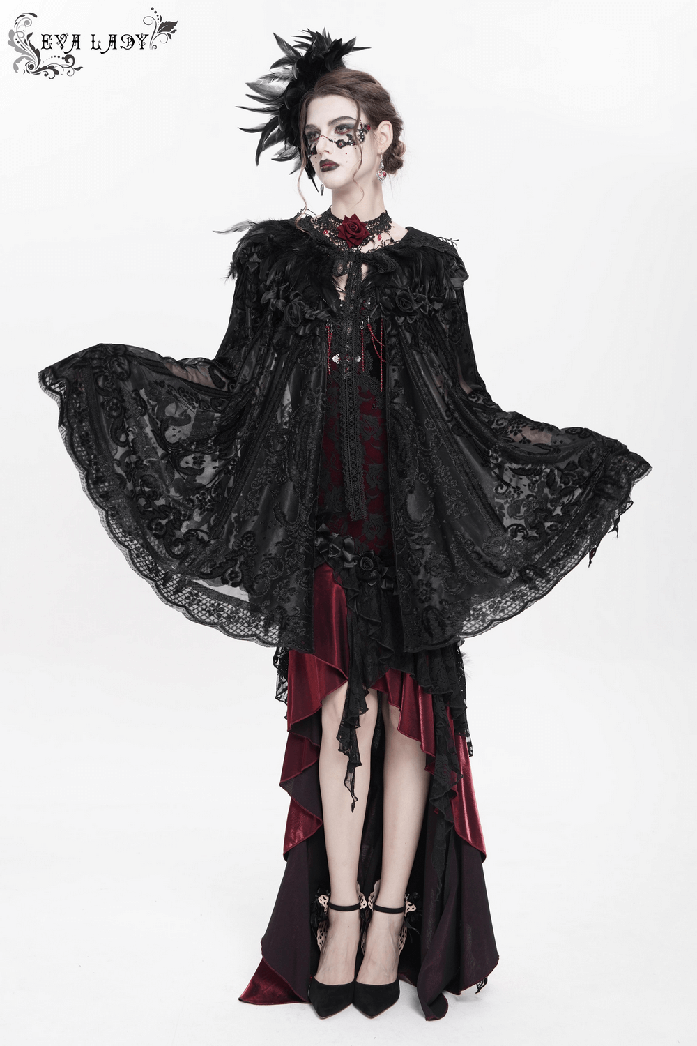 Lace Gothic Hooded Cape with Roses and Feather Detailing