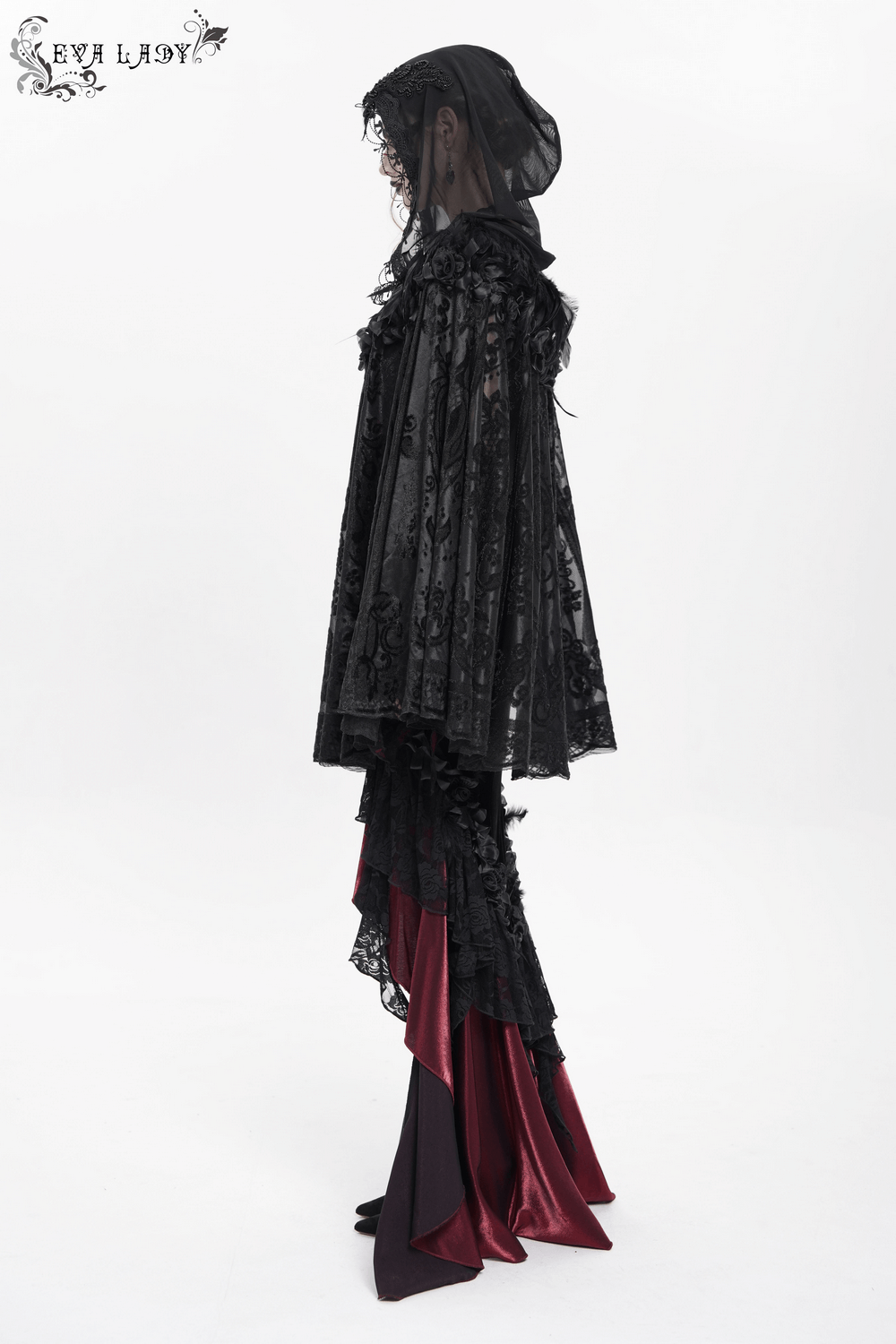 Lace Gothic Hooded Cape with Roses and Feather Detailing