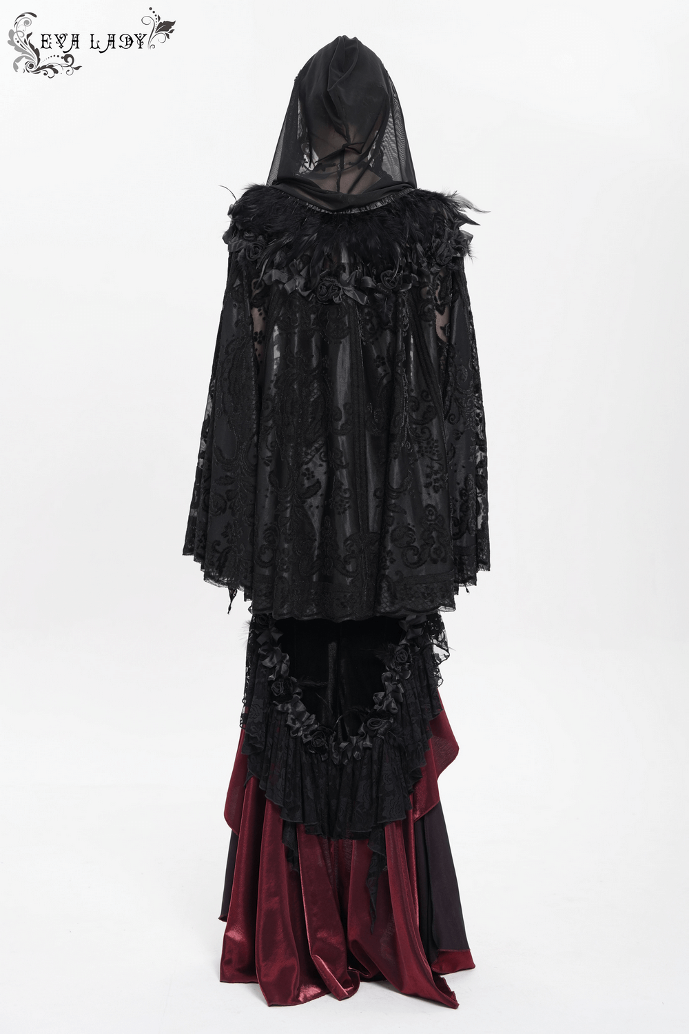 Lace Gothic Hooded Cape with Roses and Feather Detailing
