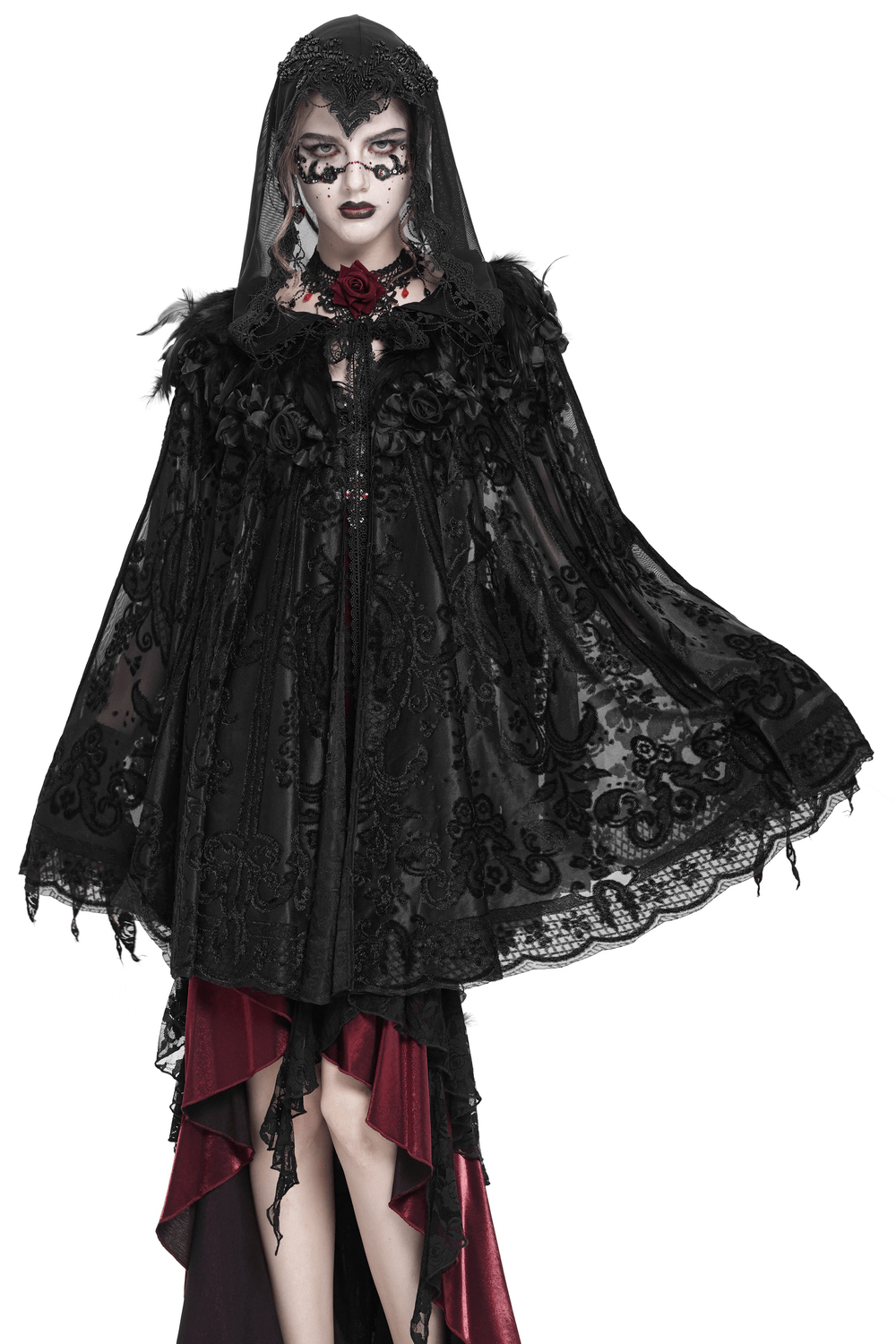 Lace Gothic Hooded Cape with Roses and Feather Detailing