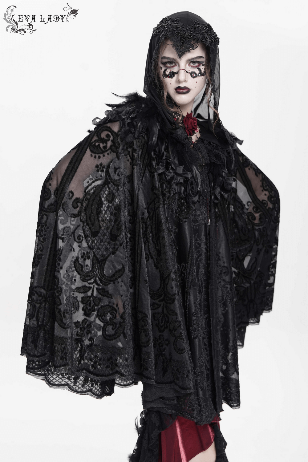 Lace Gothic Hooded Cape with Roses and Feather Detailing