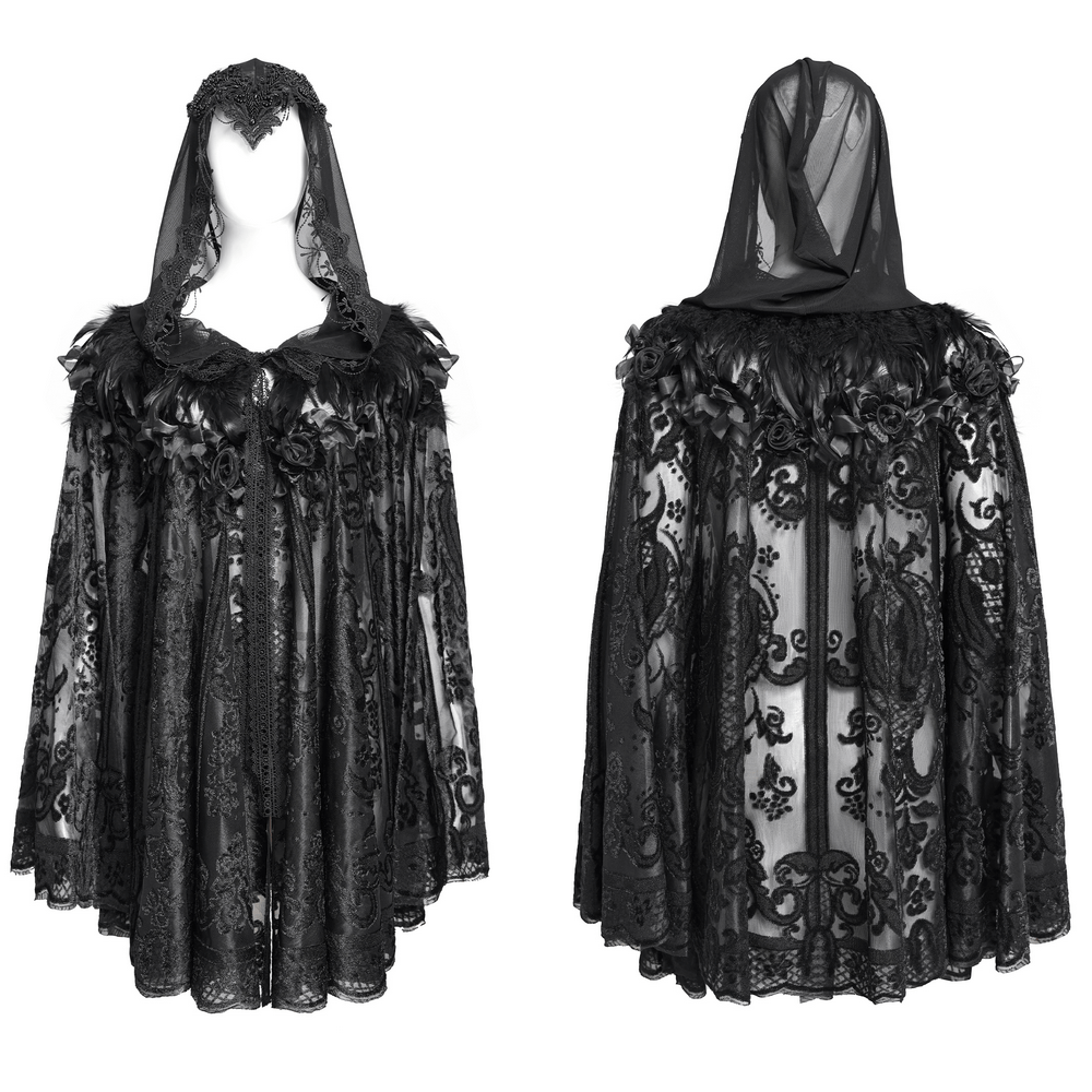 Lace Gothic Hooded Cape with Roses and Feather Detailing