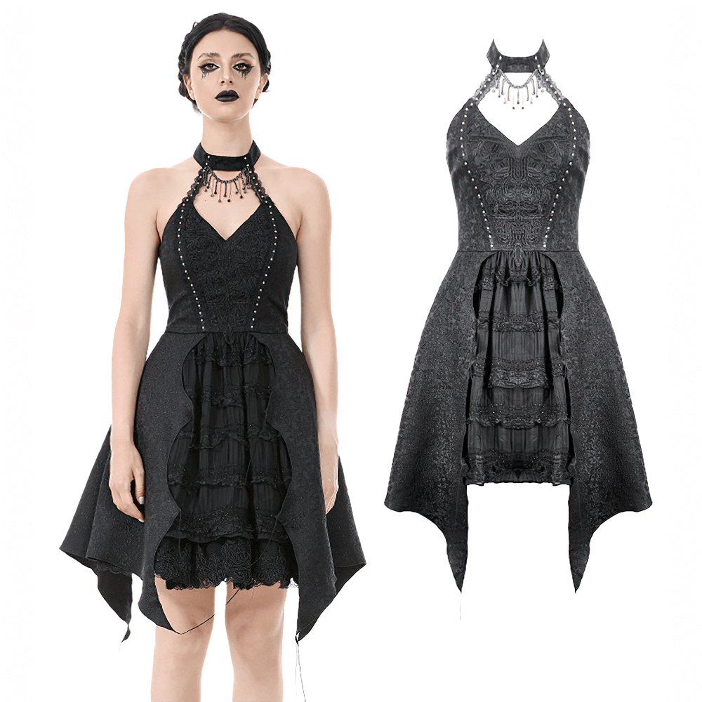 Lace Halter Corset Dress with Choker and Asymmetrical Hem