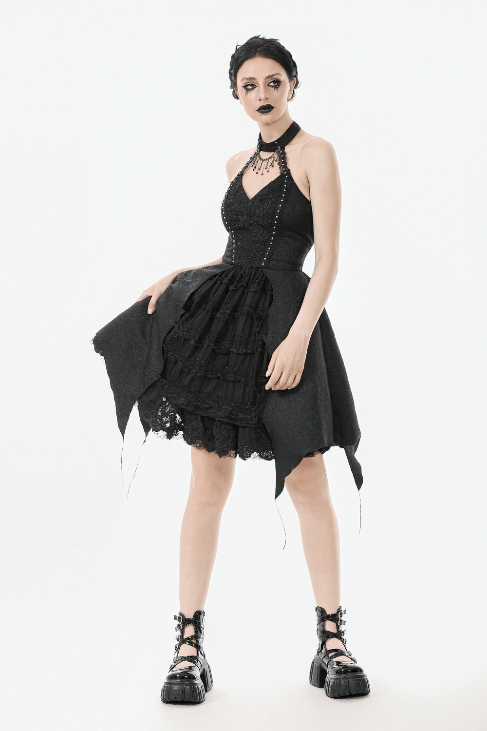 Lace Halter Corset Dress with Choker and Asymmetrical Hem