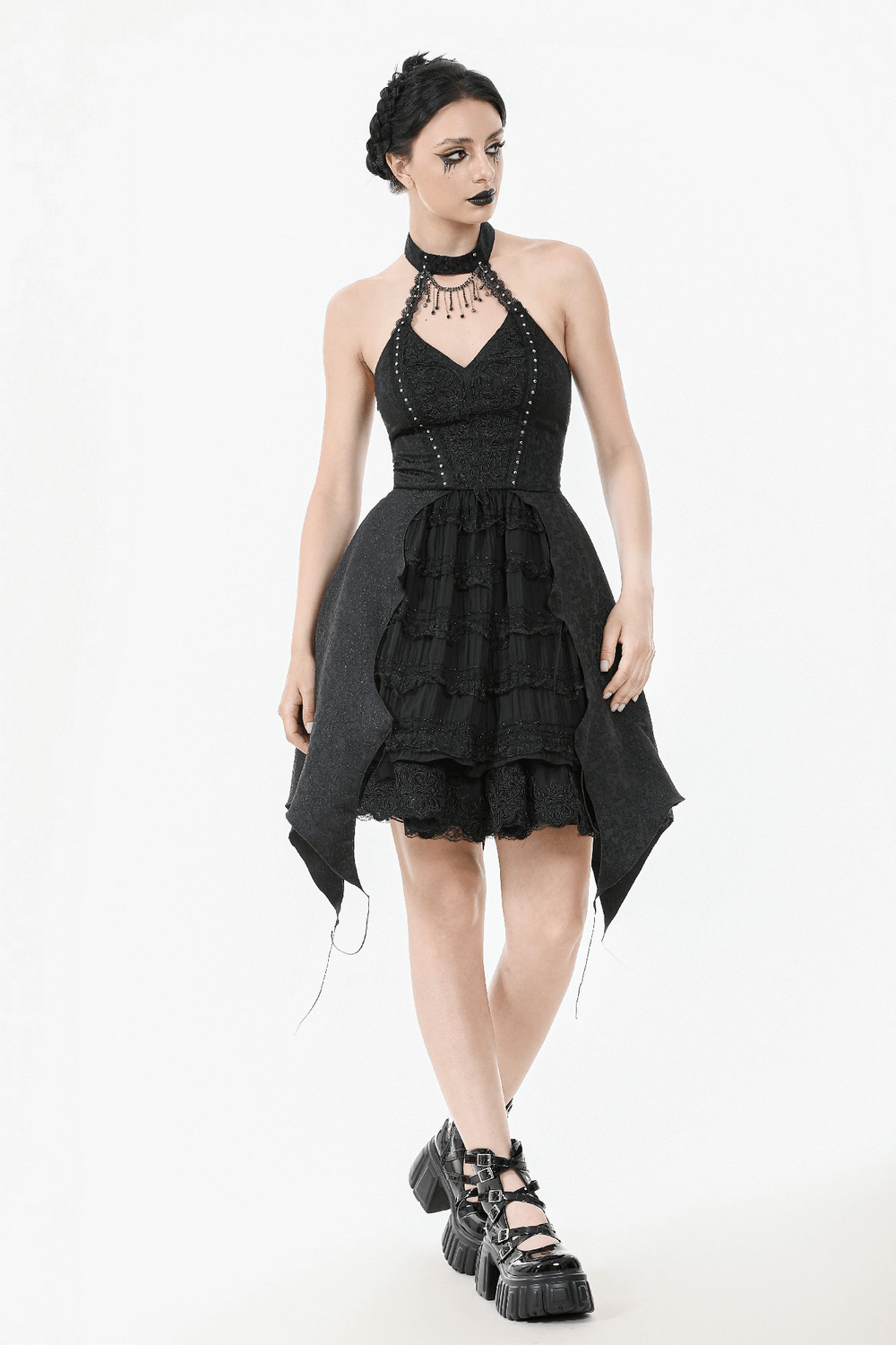 Lace Halter Corset Dress with Choker and Asymmetrical Hem
