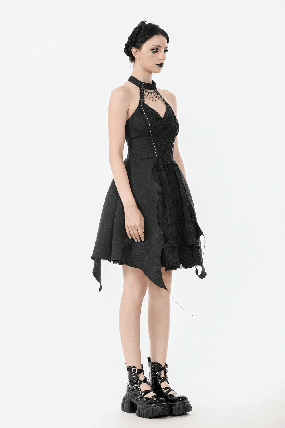 Lace Halter Corset Dress with Choker and Asymmetrical Hem