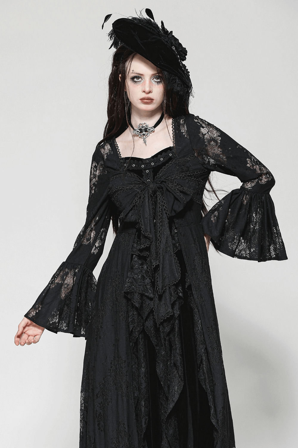 Lace Long Sleeved Cape with Floral Pattern and Bow Tie