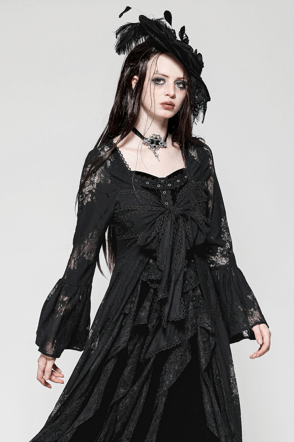 Lace Long Sleeved Cape with Floral Pattern and Bow Tie