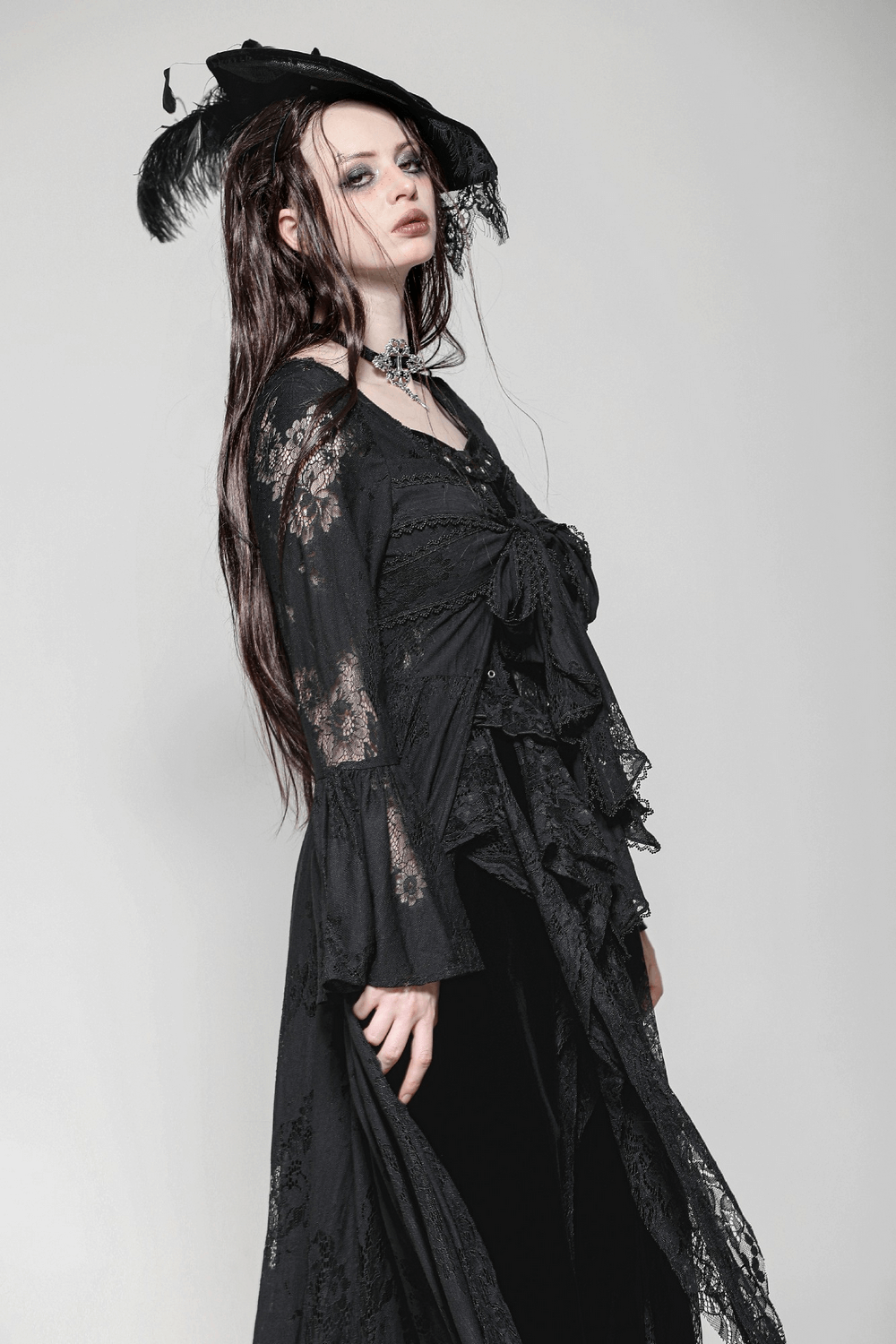 Lace Long Sleeved Cape with Floral Pattern and Bow Tie