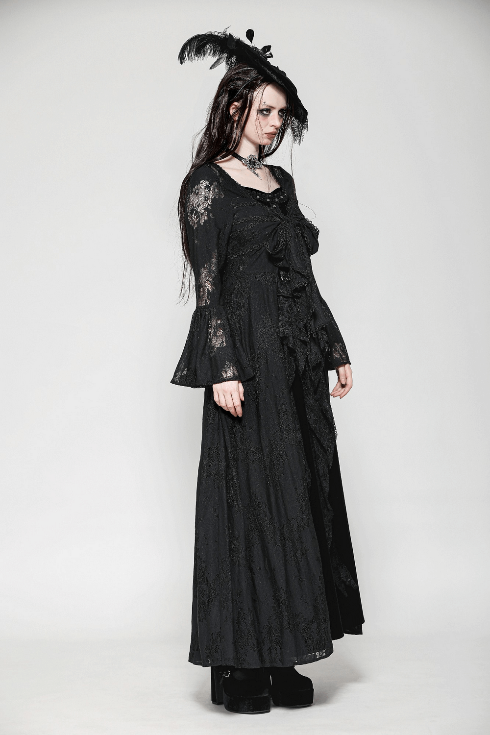 Lace Long Sleeved Cape with Floral Pattern and Bow Tie