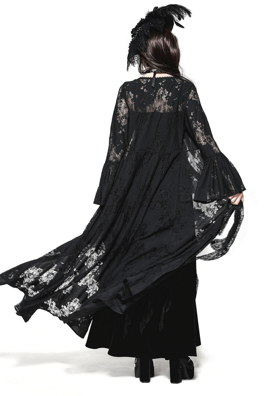 Lace Long Sleeved Cape with Floral Pattern and Bow Tie