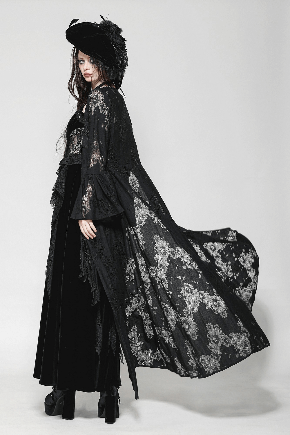 Lace Long Sleeved Cape with Floral Pattern and Bow Tie
