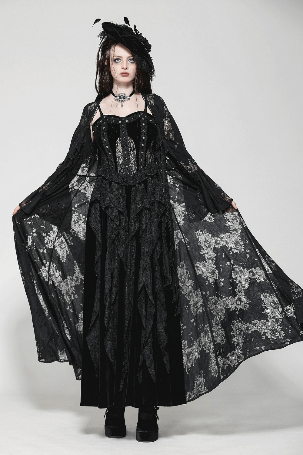 Lace Long Sleeved Cape with Floral Pattern and Bow Tie