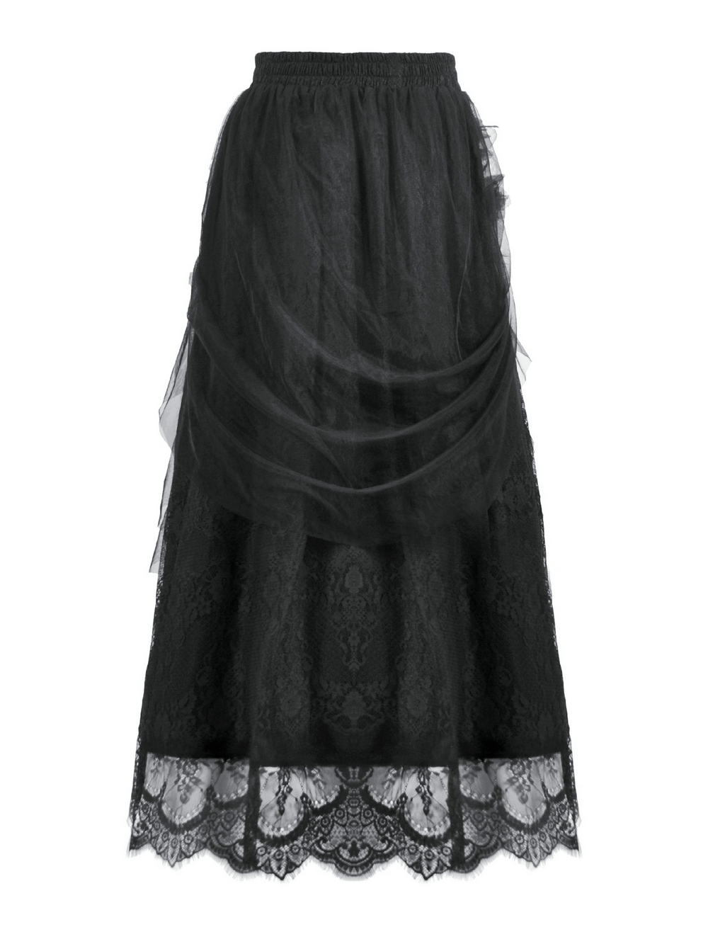 Lace Maxi Skirt with Sheer Mesh Layers and Floral Trim