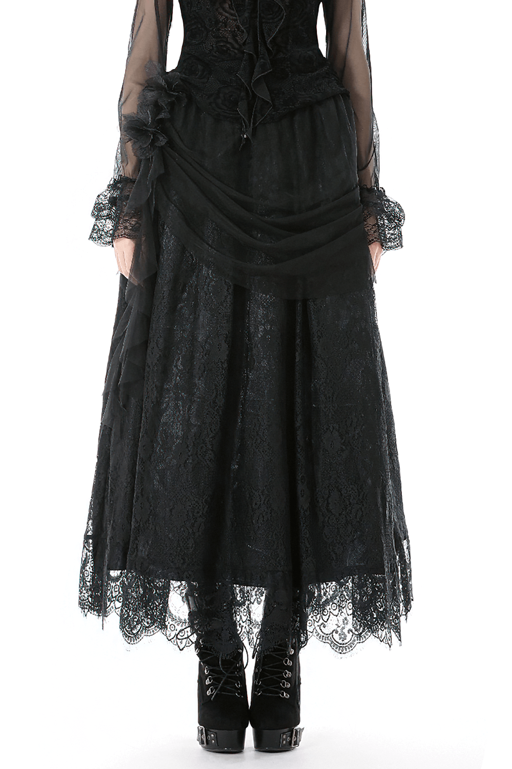 Lace Maxi Skirt with Sheer Mesh Layers and Floral Trim